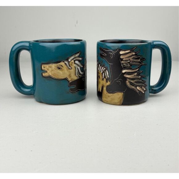 Set of 2 Mara Mexico Art Pottery Western Horse Stoneware Coffee Mugs Embossed FC - Picture 2 of 9
